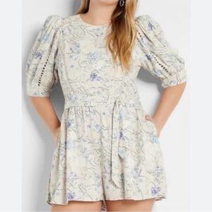 Floral linen-blend Puff shoulder tie waist Romper